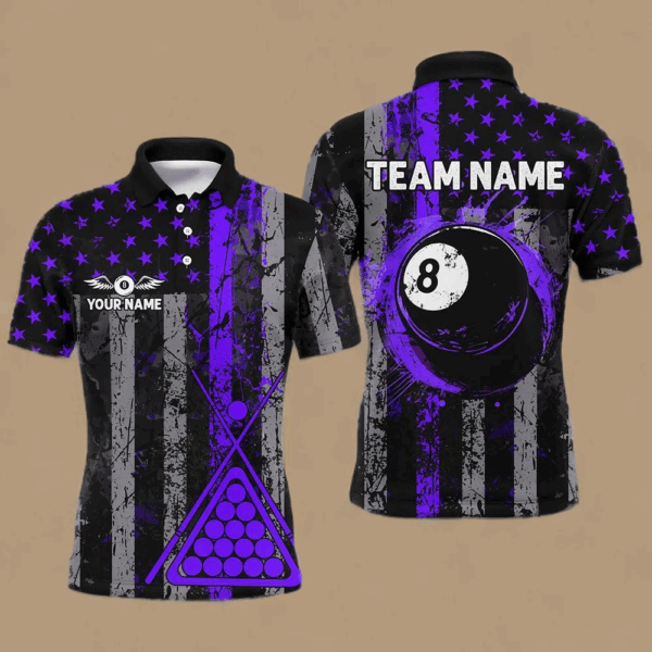 Custom Purple Grunge US Flag Patriotic Men Billiard Shirts, Retro 8 Ball Pool Billiard Team Jersey TDM2752