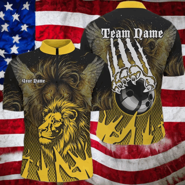Black and Yellow Lion Bowling Polo, Quarter Zip Shirts For Men Custom Team Lion Bowling Jerseys NQS9034