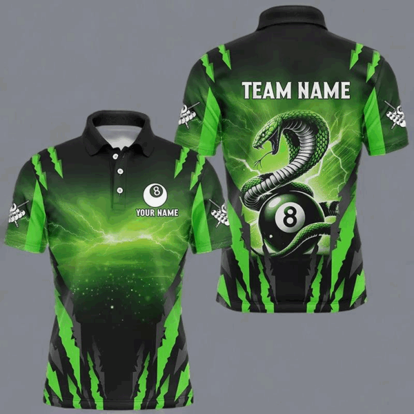 Personalized Thunder Lightning Cobra Snake Men Billiard Shirt, 8 Ball Billiard Team Jerseys |Green TDM2750