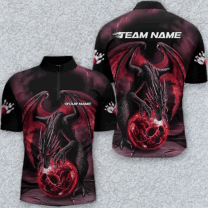Black And Red Custom Bowling Team Shirts For Men, Dragon Bowling Uniform Bowler Outfits IPHW7991