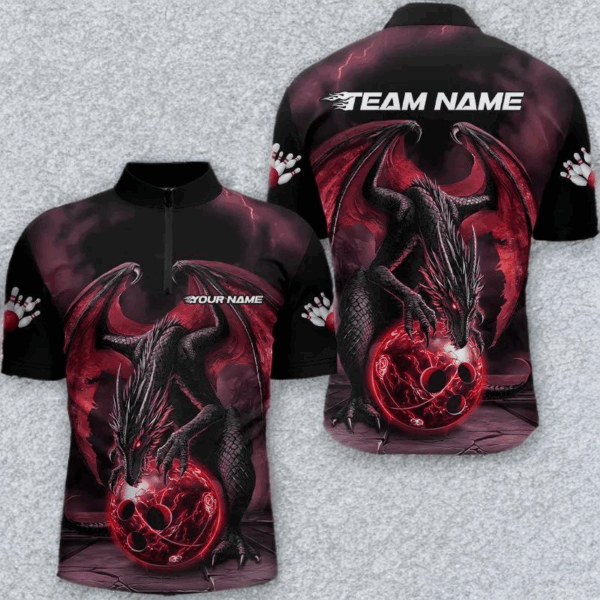 Black And Red Custom Bowling Team Shirts For Men, Dragon Bowling Uniform Bowler Outfits IPHW7991