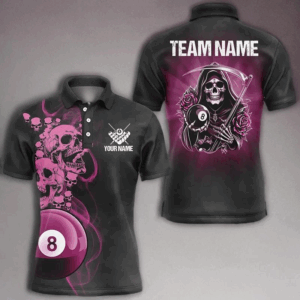 Funny Skull And Rose Custom 8 Ball Billiard Shirts For Men, Pink Black Scary Billiard Jerseys TDM2747