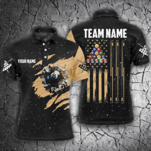 Customized Grunge American Flag 8 Ball Pool Men Billiard Polo Shirts, Patriotic Pool Player Shirts TDM0999