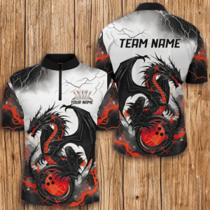 Black And Red Thunder Lightning Custom Dragon Bowling Shirts For Men, Bowling League Shirts IPHW7063