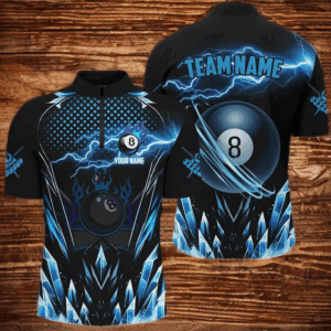 Customized Blue Icy Lightning 8 Ball Pool Men Quarter-Zip Shirt, Billiard Team League Jersey TDM1328