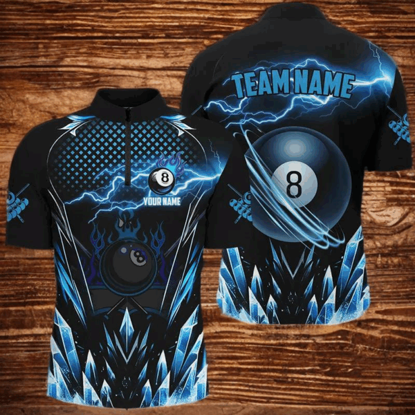 Customized Blue Icy Lightning 8 Ball Pool Men Quarter-Zip Shirt, Billiard Team League Jersey TDM1328