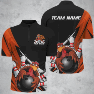 Black And Orange Custom Funny Turkey Bowling Team Shirts For Men, Thanksgiving Bowling Outfit IPHW7877
