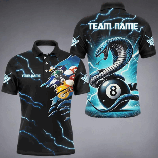 Blue Lightning Thunder Custom Cobra Snake 8 Ball Billiard Shirts, Men Billiard League Team Jerseys TDM2745
