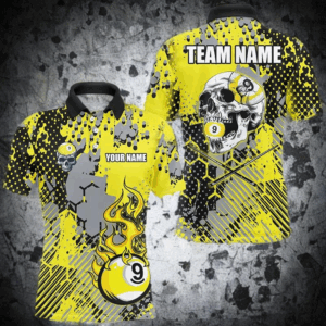 Grunge Yellow 9 Ball Pool Paint Dot Pattern Custom Men Billiard Shirt, Skull 9 Ball Billiard Jersey TDM2743
