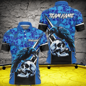 Blue Skull Pattern Custom Billiard Shirts For Men, Scary Billiard Shirts Pool Team Jerseys TDM2725