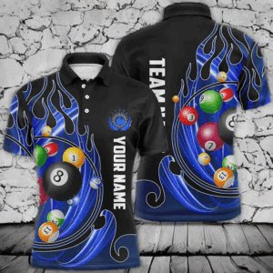 3D Billiard Balls Fire Flame Custom Pool Shirts For Men, Billiard League Team Jerseys | Blue TDM2719