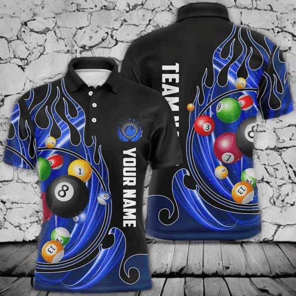 3D Billiard Balls Fire Flame Custom Pool Shirts For Men, Billiard League Team Jerseys | Blue TDM2719