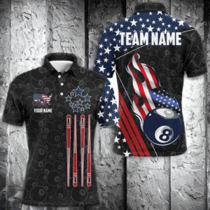 Personalized American Flag Ball 8 Pattern Men Billiard Shirts, Patriotic Billiard Jerseys | Black TDM2717