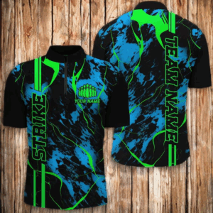 Black, Green And Blue Strike Bowling Quarter Zip Shirts, Custom Mens Bowling Team Shirts IPHW5263