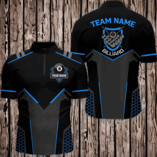Personalized Black Blue 8 Ball Billiard 3D Quarter-Zip Shirts For Men, 8 Ball Pool Team Jerseys VHM1057