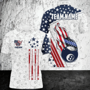 Personalized American Flag Ball 8 Pattern Men Billiard Shirts, Patriotic Billiard Jerseys | White TDM2716