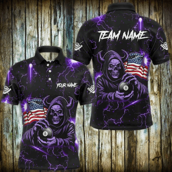 Purple Skull Thunder Lightning US Flag Custom Men Billiard Shirts, Patriotic Billiard Team Jerseys TDM2710