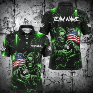 Green Skull Thunder Lightning US Flag Custom Men Billiard Shirts, Patriotic Billiard Team Jerseys TDM2709
