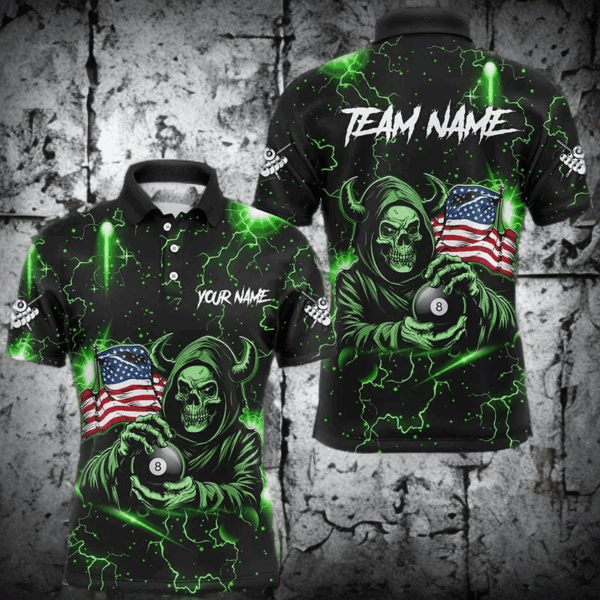 Green Skull Thunder Lightning US Flag Custom Men Billiard Shirts, Patriotic Billiard Team Jerseys TDM2709