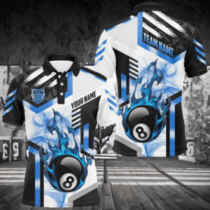 Blue 8 Ball Pool Fire Flame Smoke Custom Billiard Shirts For Men, Billiard Jerseys Team Uniform TDM2708