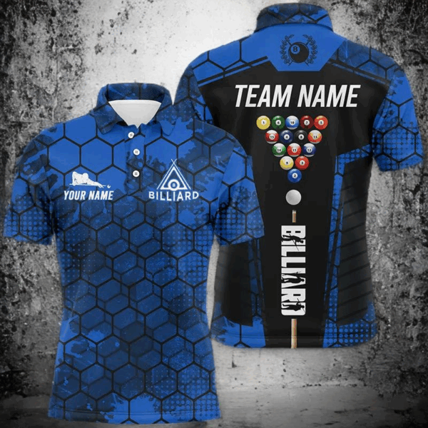 Blue Grunge Hexagon Billiard Shirts For Men Custom Pool Jerseys, Billiard Tournament Team Shirts TDM2707