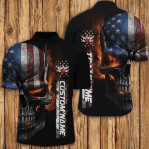 Flame Skull American Flag Custom Team Bowling Shirts For Men, Patriotic Bowling Shirt Jerseys IPHW5177