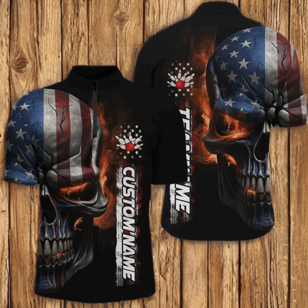 Flame Skull American Flag Custom Team Bowling Shirts For Men, Patriotic Bowling Shirt Jerseys IPHW5177