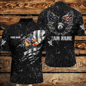 Personalized US Flag Billiard Balls 3D Quarter-Zip Shirts For Men, Funny 8 Ball Pool Wings Jerseys VHM1001