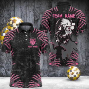 Funny Skull Claw Pattern Custom Men Billiard Shirts, Grunge Pink Black Halloween Billiard Jerseys TDM2698