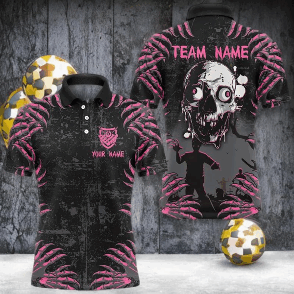 Funny Skull Claw Pattern Custom Men Billiard Shirts, Grunge Pink Black Halloween Billiard Jerseys TDM2698