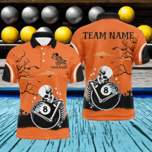 Funny Skeleton Hugging 8 Ball Pool Custom Orange Halloween Billiard Shirts For Men Halloween Outfit TDM2682