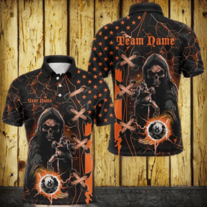 Orange Death Skeleton Lightning US Flag Billiard Shirts For Men, Scary Halloween Billiard Jerseys TDM2676