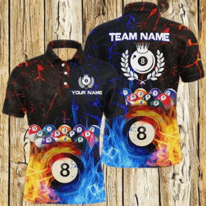 Billiard 8 Ball Water Fire Personalized Name 3D Polo Shirts For Men Custom Pool League Shirts TDM0571