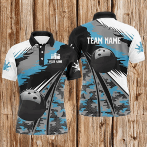 Mens polo bowling shirts Custom black ball blue camo Bowling Team Jersey, gift for Bowlers NQS5247
