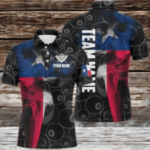 Personalized Vintage Smoke Texas Flag Billiard Polo Shirts For Men, Custom 8 Ball Pool Team Jerseys VHM0614