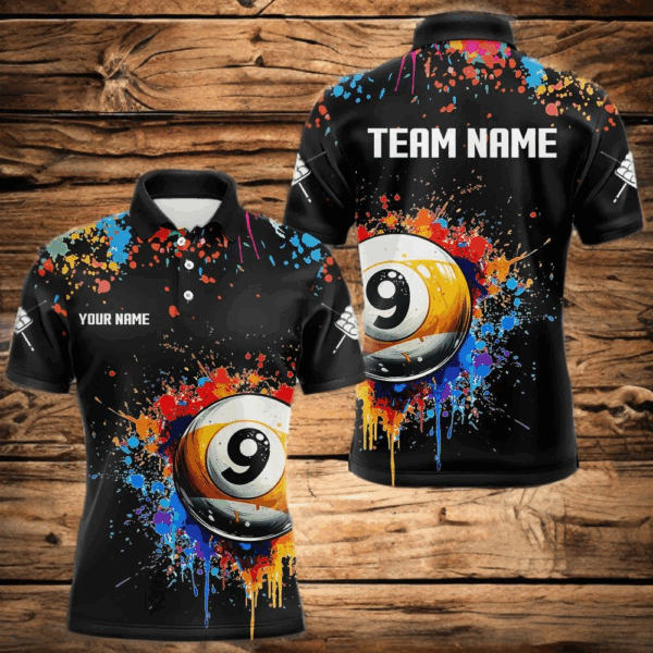 Funny 9 Ball Pool Colorful Paint Splash Custom Billiard Shirt For Men, Billiard Team Jersey | Black TDM3702