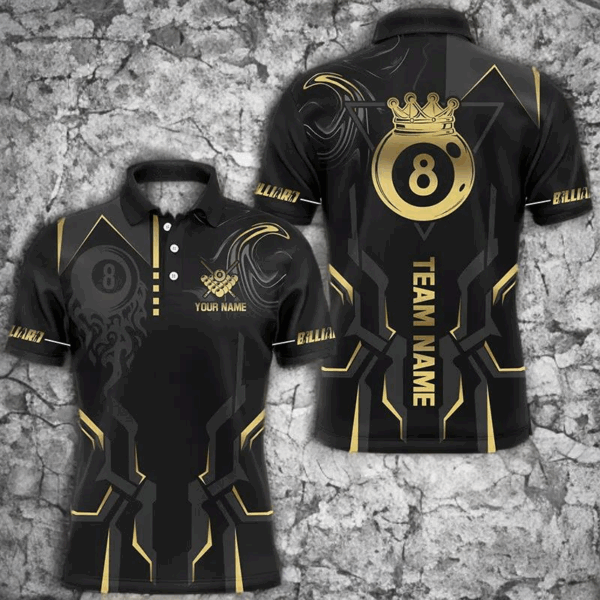 Customized 8 Ball Pool Crown Men Billiard Shirts, Gold And Black Billiard Team Shirts, Pool Jerseys TDM2645
