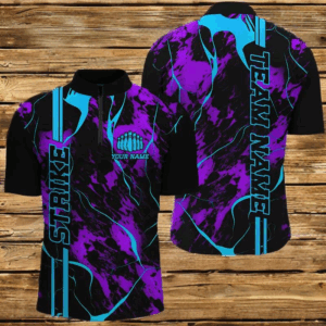 Custom Blue Purple Strike Bowling Shirts Men Quarter Zip Camo Bowling Team Jerseys Bowling League IPHW5386