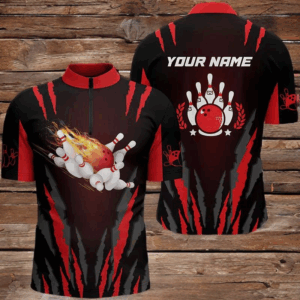 Men's bowling shirt Quarter Zip custom Flame Bowling Ball and Pins bowling jerseys, bowling gifts NQS4397