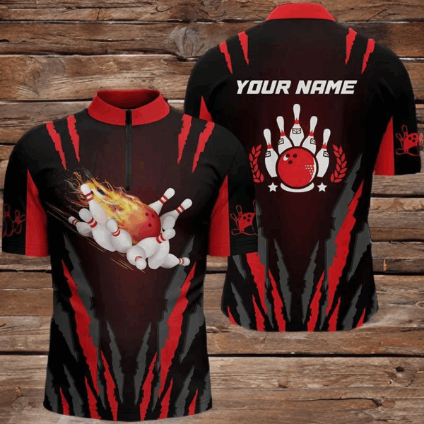 Men's bowling shirt Quarter Zip custom Flame Bowling Ball and Pins bowling jerseys, bowling gifts NQS4397