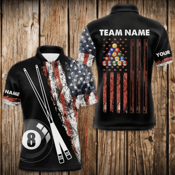 Retro Grunge American Flag 8 Ball Pool Billiard Shirt For Men Custom Patriotic Billiard Team Jersey TDM3349