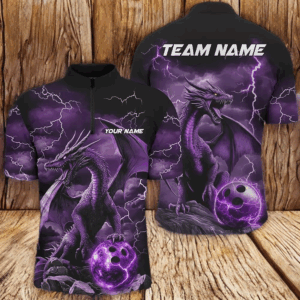 Black And Purple Thunder Lightning Custom Dragon Bowling Team Shirts For Men, Bowling Uniform IPHW7992