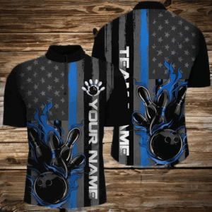 Blue Line American Flag Custom Patriotic Flame Bowling Shirts For Men, Support Bowling Shirt IPHW7593