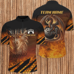 Black And Orange Custom Dragon Flame Bowling Shirts For Men, Dragon Fire Bowling Team Shirts NQS8234