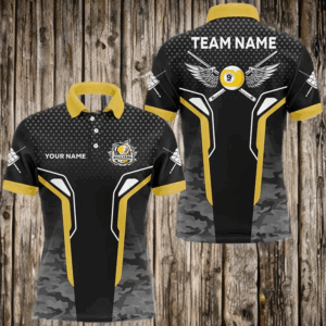 Yellow Black 9 Ball Pool Wings Custom Camo Billiard Shirts For Men, 9 Ball Billiard Team Jerseys TDM2742