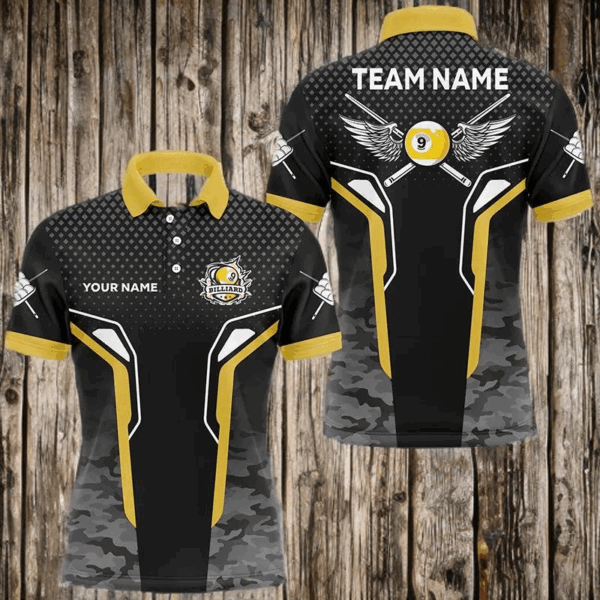 Yellow Black 9 Ball Pool Wings Custom Camo Billiard Shirts For Men, 9 Ball Billiard Team Jerseys TDM2742