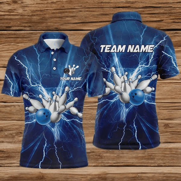 Mens polo bowling shirts Custom blue lightning thunder Bowling Team Jersey, gift for team Bowlers NQS6638