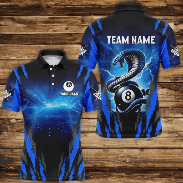 Personalized Thunder Lightning Cobra Snake Men Billiard Shirts, 8 Ball Billiard Team Jerseys |Blue TDM2680