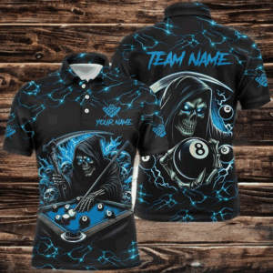Blue Funny Death Skeleton 8 Ball Pool Men Billiard Shirts Custom Name Lightning Billiard Jerseys TDM2161