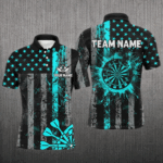 Custom Turquoise Grunge Us Flag Patriotic Darts Shirt For Men, Retro Darts Board Darts Team Jerseys TDM1648